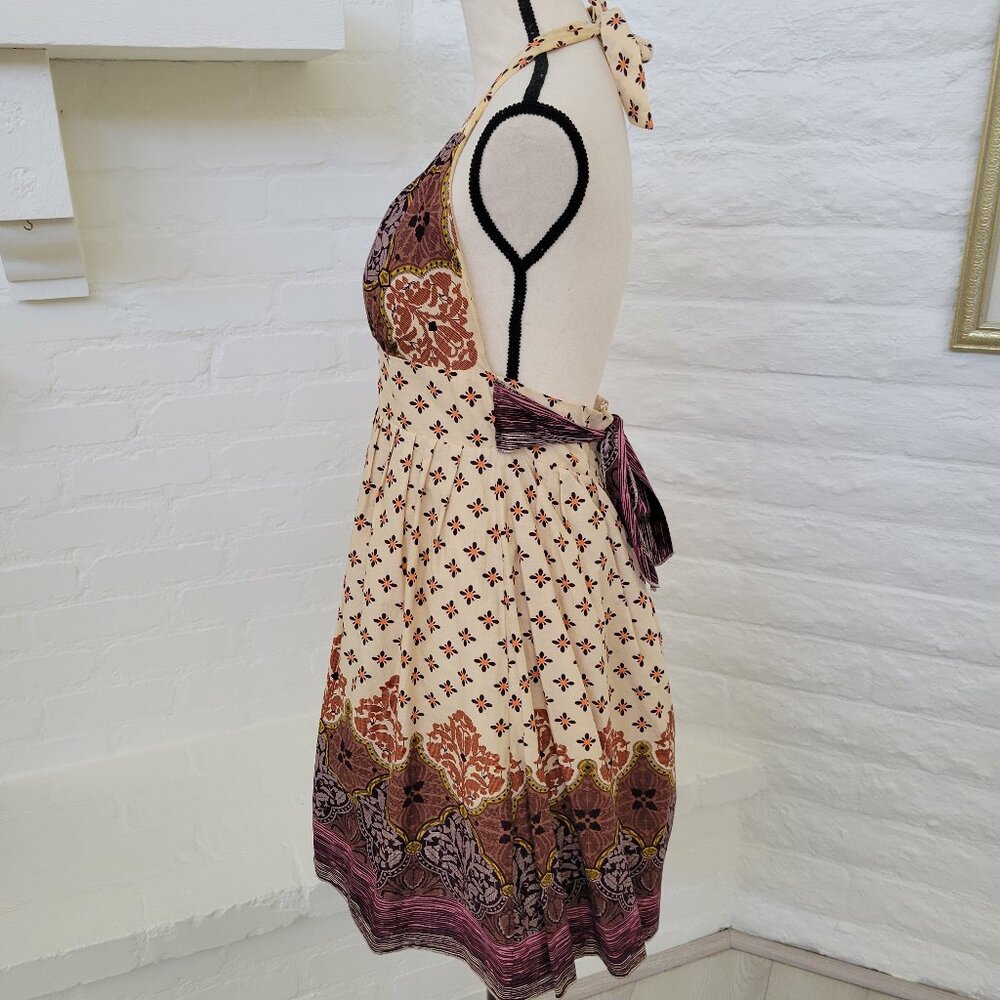 Women's Halter Dress Small Ivory Beige Paisley Floral Plunge Neckline Backless - Picture 5 of 9